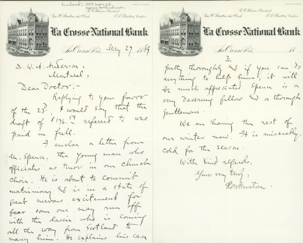 Letterhead stationery of the La Crosse National Bank, with an engraved image of the bank building at the top.