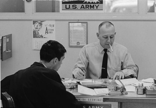 Army recruiting office. The picture was probably taken by a member of the staff of the National Coordinating Committee Against the War in Vietnam, which was headquartered in Madison, to be used for propaganda purposes.
