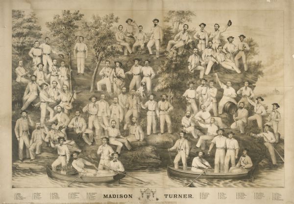 Black & white lithograph by Milwaukee lithographer Louis Kurz depicting the Madison Turners or Turnverein at a shooting party on the Madison lakefront.  The Madison Turners organized in 1855 to foster physical education.  The members are arranged in casual groups that depict drinking, boating, shooting, gymnastic exercise, etc.  The Madison Capitol can be seen in the distance and a sketch of the Turner's Hall appears below the lithograph.  Individual members can be identified by numbers on their belt buckles.