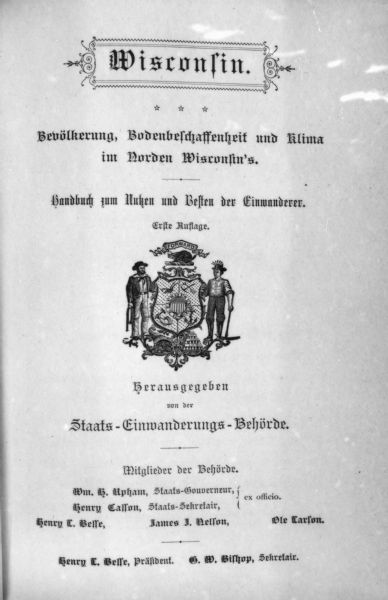Cover of a pamphlet, printed in German, advertising land for sale in Wisconsin.
