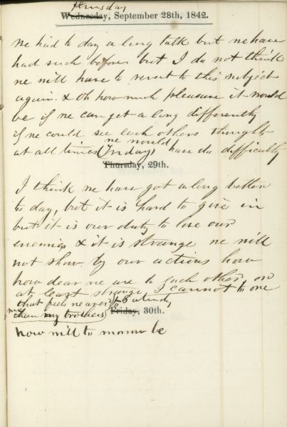 A page in Samuel Marshall's diary, dated September 28, 1842, with several short entries.