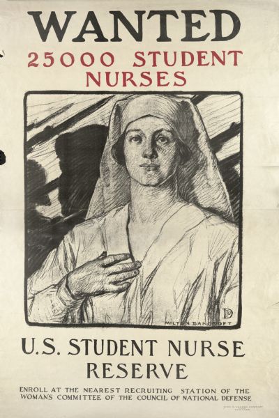 Poster recruiting student nurses to aid in the war effort. Depicts a young woman, in a nurse's uniform, with her right hand raised to her heart. Behind her in silhouette are soldiers holding up their rifles with bayonets. Text at bottom reads: "U.S. Student Nurse Reserve. Enroll at the nearest recruiting station of the Woman's Committee of the Council of National Defense."