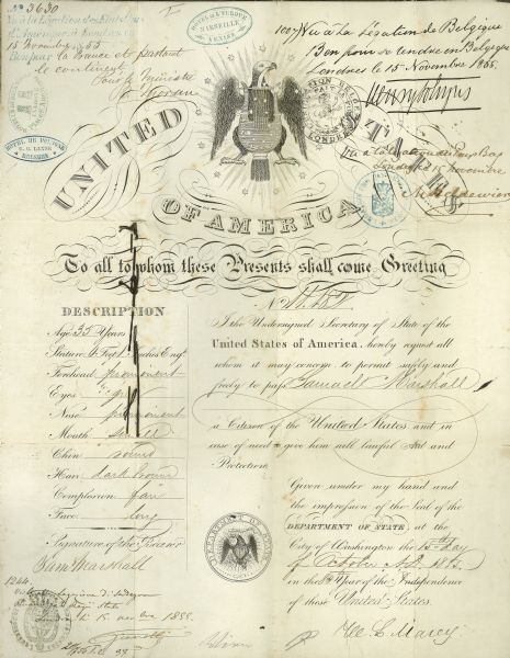 The first, foldout page of Samuel Marshall's United States passport, which includes a physical description.