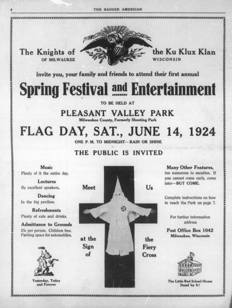 Poster advertising the first annual Spring Festival and Entertainment event held on June 14, 1924 by the Knights of the Ku Klux Klan (KKK). There is an image of a Klansman within a black cross with the text "Meet Us at the Sign of the Fiery Cross."