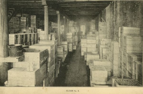 Interior of (Floor No. 8) The F. Dohmen Company Wholesale Druggists. A salesman's catalog with removable screwed bindings and pages of note paper bound between catalog pages. (One of 13 halftones of the company's exterior and interior images included in catalog.) Originals located in "Kremers Reference Files," University of Wisconsin School of Pharmacy.