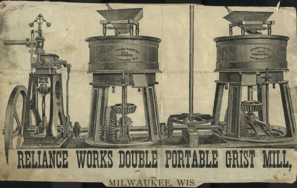 Advertisement or label for Reliance works double portable grill.
