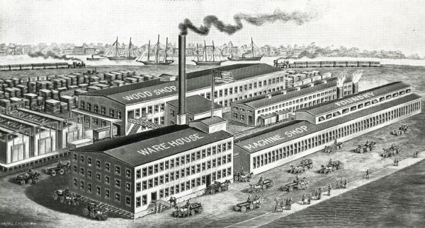 Engraved bird's-eye view of the wood shop, warehouse, machine shop, dry kilns, and foundry of the Manitowoc Seating Company. Several people pass in front of the buildings in horse-drawn vehicles and on foot. Two trains, and ships on the Manitowoc River, can be seen in the background.
