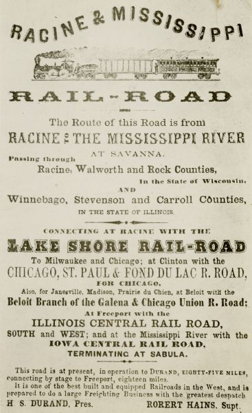 Poster advertising the Racine & Mississippi Railroad.