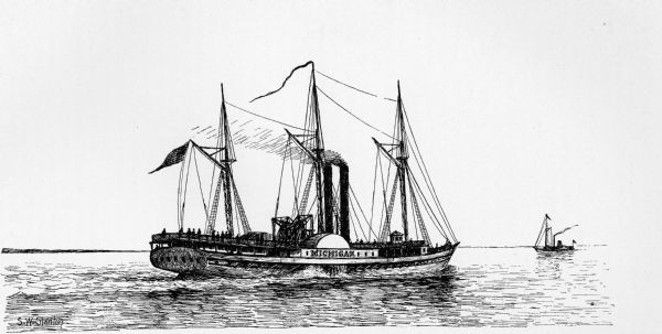 Drawing of the lake steamer, <i>Michigan</i> with another vessel in the background.