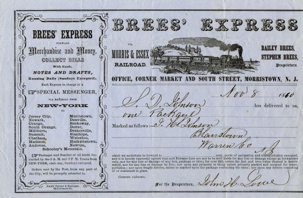 Receipt for a package delivered to Brees' Express via Morris & Essex Railroad. There is an engraving of a train traveling through a rural landscape near the top of the document.