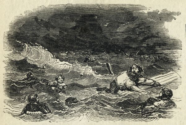 Illustration from <i>Frank Leslie's Illustrated Newspaper</i> of John Tice clinging to a piece of wreckage after the sinking of the steamer <i>Central America</i>. Other people are afloat in the water around him.