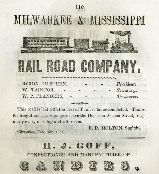 Advertisement for Milwaukee and Mississippi Railroad Company. There is an engraving of a train and a list of the officers of the company.