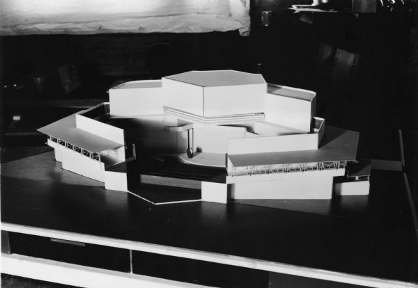 An architectural model of a theater designed by Frank Lloyd Wright.
