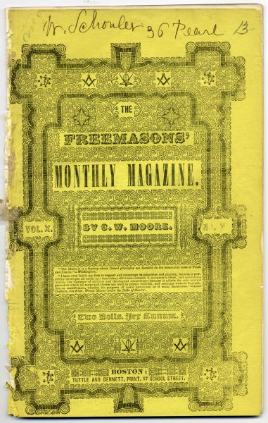 Cover of <i>Freemasons' Monthly Magazine</i>, Vol. X, No. VI. Highly decorated with scrollwork and Freemason symbols.
