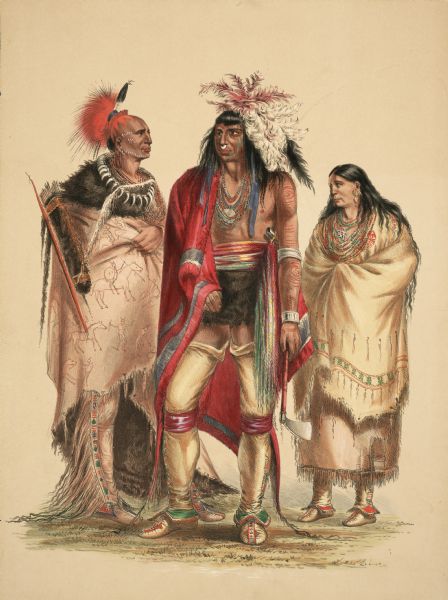 Portrait of North American Indians (Plate 1).<p>"The group in Plate No. 1 is composed of three Portraits from my collection, representing three different tribes of various latitudes and well illustrating a number of the leading characteristics of this interesting part of the human family.<p>An Osage Warrior, from a southern latitude, entirely primitive in his habits and dress; his head shaved and ornamented with the graceful crest manufactured from the hair of the deer's tail and horsehair (an uniform custom of the tribe) his robe of the buffalo's hide, with the battles of his life emblazoned on it; his necklace made of the claws of the grizzly bear; his bow and quiver slung upon his back, and his leggings fringed with scalp locks taken as trophies from the heads of enemies slain by him in battle.<p>An Iroquois (an almost extinguished tribe) from a northern climate, with long hair; with a ring in his nose, and headdress of quills and feathers, according to the mode of his tribe; with his tomahawk in hand and his dress mostly of civilized manufacture, indicating an approach to civilization to which all the remnants of this and several other contiguous tribes have long since attained.<p>A Pawnee Woman, from an intermediate latitude, in primitive dress made entirely of skins, and in this as well as in the mode of dressing the head and ornamenting the person, a very fair illustration of the general modes and personal appearance of the females who exhibit much less forcibly than the men, the characteristic differences of the various tribes."</p>