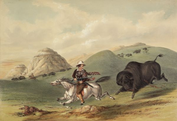 Buffalo chasing hunter with rifle on horseback (Plate 12).<p>"The wounded and chafed bull often turns upon its assailant, and runs him back, over the whole ground; in which unpleasant reverse he has last to balance himself upon his little horse, praying for smooth ground under its feet, and deliverance from the fury that is behind him. This picturesque and jagged outline of hills only requires the background of a dark, lurid cloud; and if viewed from a distance it will need but little stretch of the imagination to conceive it to be a magnificent castle, fit for the residence of the proudest monarch on earth."</p>