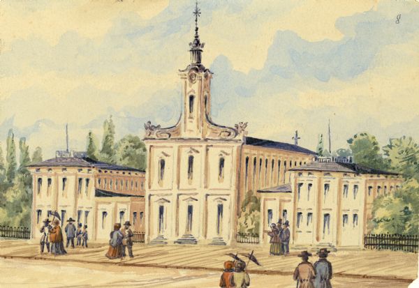 A watercolor of the Catholic Cathedral in Milwaukee, with well-dressed pedestrians strolling on the street. Hölzlhuber was choirmaster here between 1856 and 1860; the honor was offered to him by Archbishop Hennig after hearing a composition written by Hölzlhuber performed at a festival in St. Mary's Church.

Taken from Hölzlhuber's description of the scene, translated by Vera Kroner.