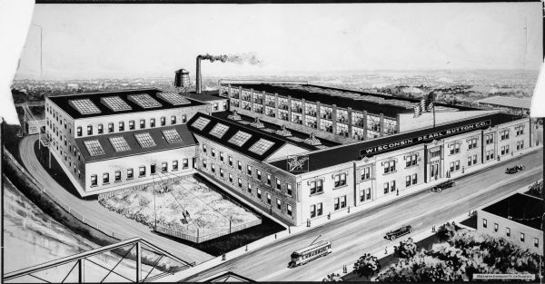Drawing showing the entire exterior of Pearl Button Company.