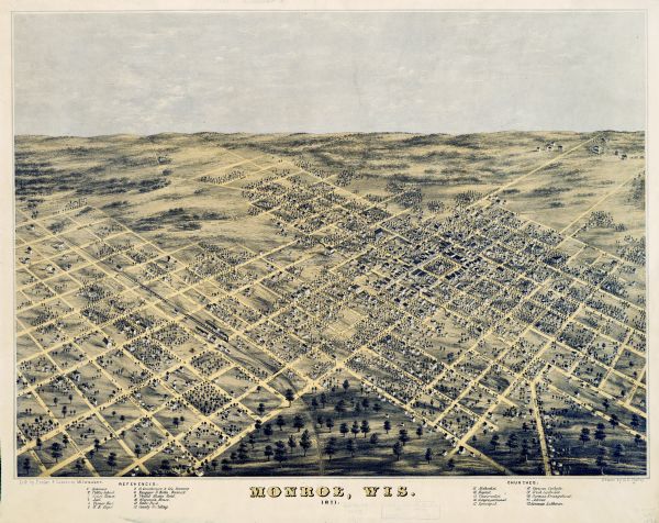 Birds eye map of Monroe, WI, depicts street names and street locations, houses, and trees. A reference key at the bottom of the map shows the locations of Monroe's seminary, public school, court house, jail, Turner Hall, railroad depot, G. Leuenberger & Co's Brewery, Ruegger & Holtr Brewery, United States Hotel, Wisconsin House, public park, county building, and the city's specific denominational churches (Methodist, Baptist, Universalist, Congregational, Episcopal, German Catholic, Irish Catholic, German Evangelical, Advent and German Lutheran).