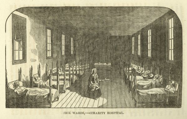 An illustration of a nun/nurse carrying a pitcher in the sick ward of Charity Hospital. Patients lay in rows of beds along the walls.
