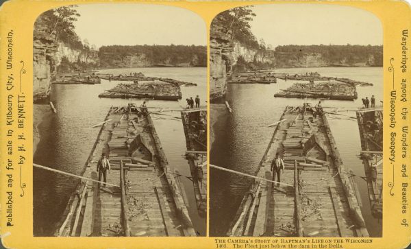 Stereograph view of several groups of men on rafts loaded with felled trees.