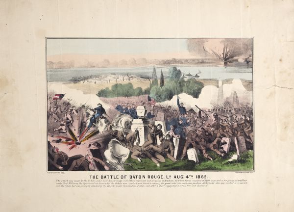 A large color lithograph with caption of the battle in progress.