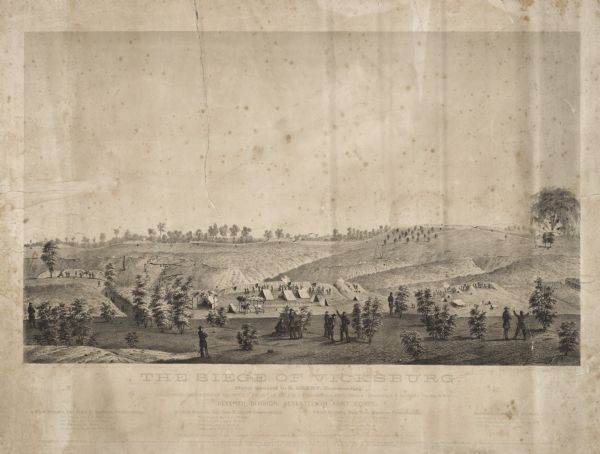 The Siege of Vicksburg A large lithograph showing the landscape, camps and bombardment.