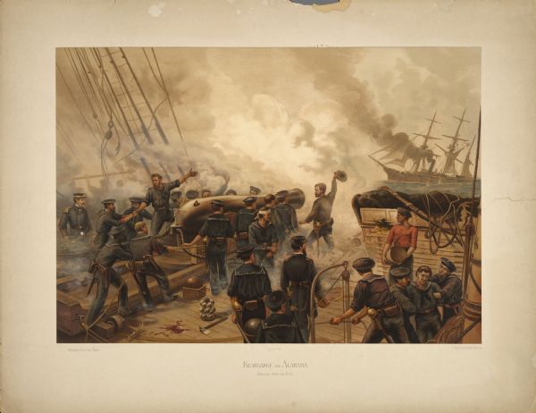 "Kearsarge and Alabama: Hauling Down the Flag." A color lithograph published by L. Prang & Co. of Boston.