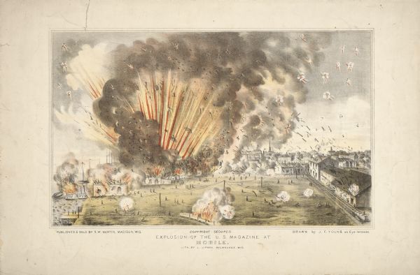 A large lithograph of the most immediate of the tragic results of the civil war in Mobile, Alabama, which was the great explosion of May 25, 1865. Federal soldiers collected and stored large quantities of recently surrendered Confederate ammunition in Mobile cotton warehouses. When the warehouse of Pomeroy and Marshall exploded, only a hole in the ground was left, and the sound was heard at Fort Morgan thirty miles away. "Careless handling of the ammunition by Negro soldiers" was cited to be the cause by eye witnesses who had left the scene before the explosion. The total number of persons killed was never determined accurately. Property loss was in excess of $700,000.