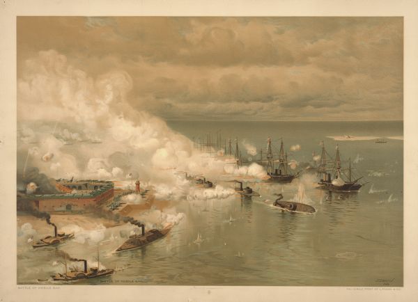 "Battle of Mobile Bay." A color lithograph published by L. Prang & Co., Boston.