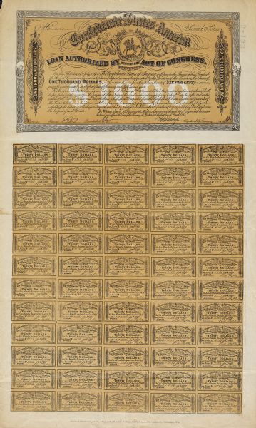 Poster of Confederate currency, one $1000 bill, and sixty $30 bills.