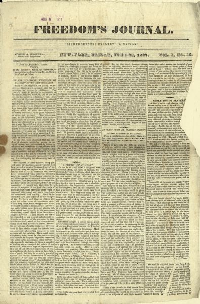 Front page of "Freedom's Journal," Volume 1, #15.