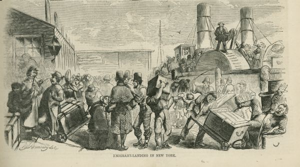 Large group of people leaving a steam ship, some transporting large chests of their belongings.