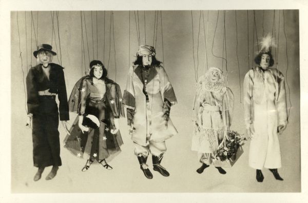 Marionettes made by Miriam Bennett used in the production of "Ocean Treasure," a puppet show written and produced by Miriam Bennett.