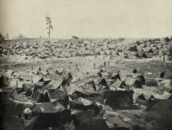 View of tents at Andersonville Prison, officially known as Camp Sumter in Georgia.