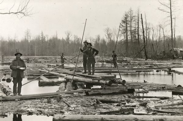 Logging crew standing on planks and logs possibly in a sorting works on the Yellow River. One man holds a ledger and the others hold long cant hooks.