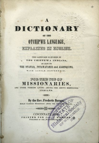 Title page of <i>A Dictionary of the Otchipwe Language</i> by Reverend Frederic Baraga.