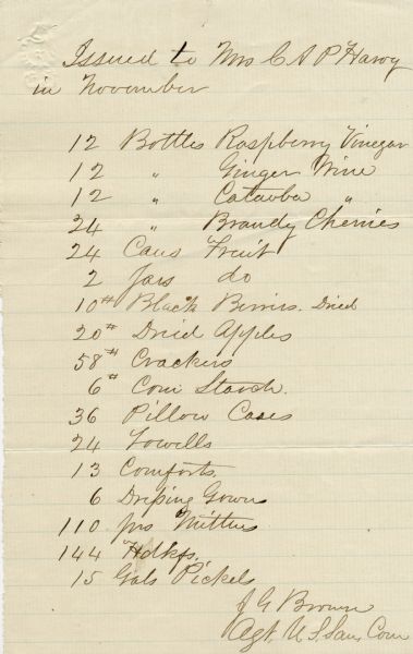 List of supplies issued to Cordelia Harvey for her soldiers' hospital.