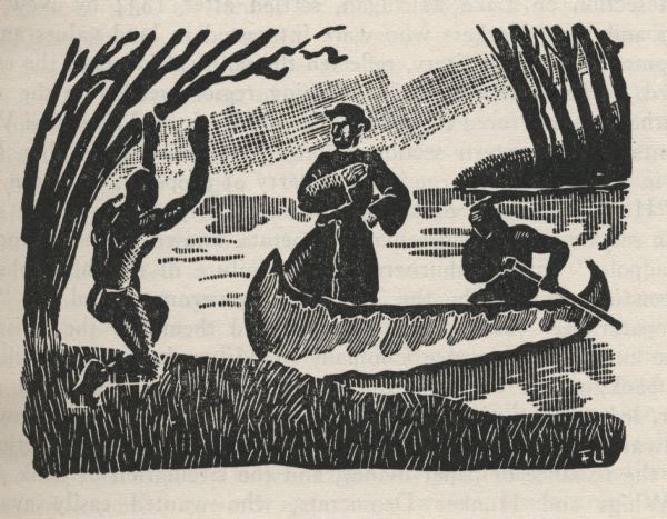 Woodcut illustration of a missionary priest wearing a robe standing in the fore of a canoe as it comes ashore paddled by a person in the aft. An Indian on the shoreline raises his arms in greeting to the priest.
