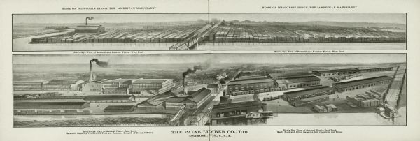 Two panoramic bird's-eye views of the Paine Lumber Company, including the general plant, sawmill, and lumber yards. Heading at the top says: Home of Wisconsin Birch, the "American Mahogany".