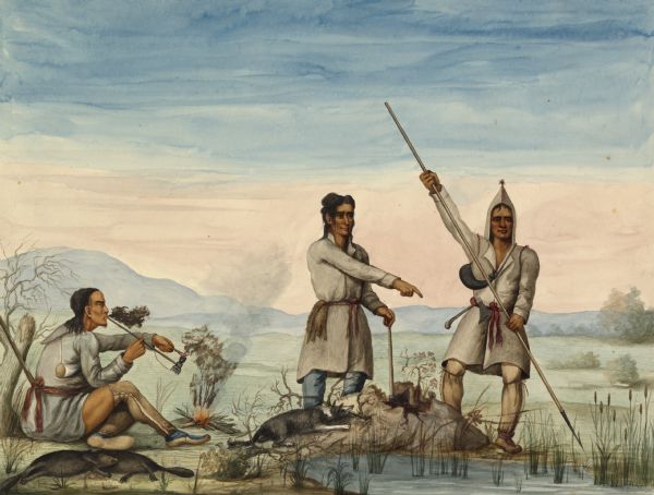 Indians of the North Red River area, probably in the vicinity of old Fort Douglas, now Winnipeg, Canada, spearing beaver.