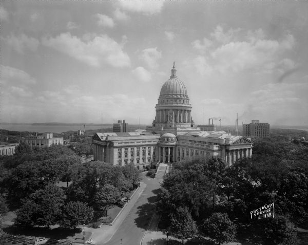 Elevated view of the Wisconsin State Capitol from the roof of the Loraine Hotel.