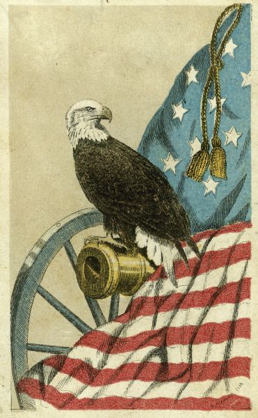 Old Abe, eagle mascot of the 8th Wisconsin Regiment.  Popular cards sold in great quantities as benefit items ($9 per 100), so great was this bird's fame.  Old Abe is perched on a cannon with an American flag on his right side.   Lithograph by L. Lipman, Milwaukee, Wisconsin, after a photograph by Curtiss "sold for the benefit of the Permanent Soldiers' Home at Milwaukee" by Mrs. H.C. Crocker.