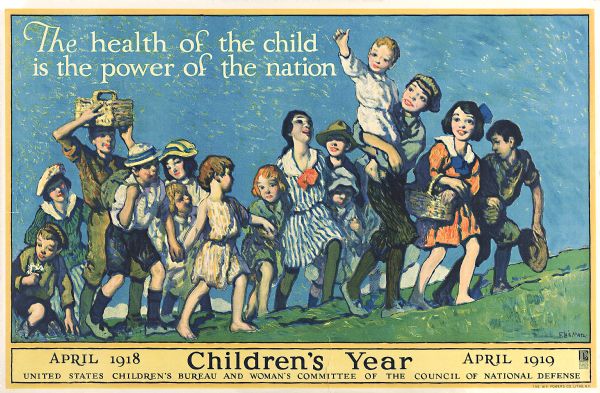 A group of children walking up a grassy hill together, with text that reads: "The health of the child is the power of the nation," and "Children's Year." Created for the United States Children's Bureau and Woman's Committee of the Council of National Defense.