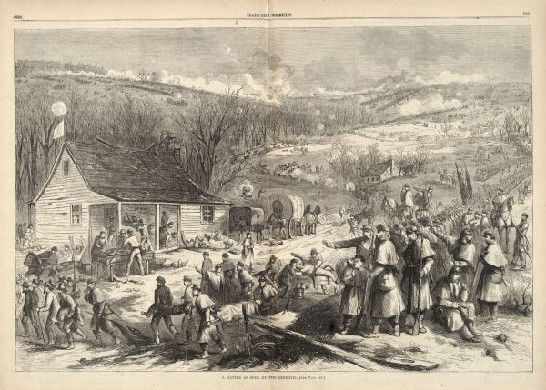 Illustration depicting a battle. In the foreground injured soldiers are gathered on and around the porch and yard of a house. In the background are columns of soldiers marching down a road. On the mountain behind are soldiers fighting on a steep hill.