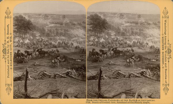 Stereograph from the Chicago Panorama of the Battle of Gettysburg Representing Pickett's Charge at 4 P.M., July 3rd, 1863: Death of Confederate General Armistead at the Bloody Angle, a section of an oil painting of the Cyclorama of Gettysburg by French artist Paul Dominique Philippoteaux. From Bennett's series "Wanderings Among the Wonders and Beauties of Western Scenery."