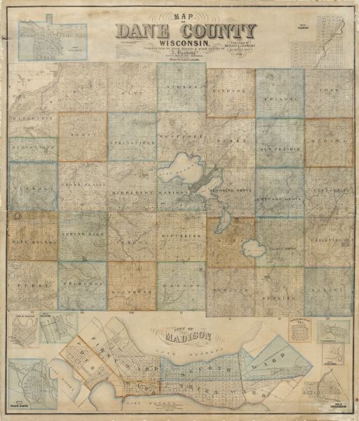Drawn the first year of the Civil War, this colored 1861 map of Dane County shows its towns, cities and lakes. It includes insets of the wards of Madison and the towns of Belleville, Black Earth, Cambridge, Christina, Clifton, Clinton, Mazo Manie, Pheasant Branch, and Stoughton.