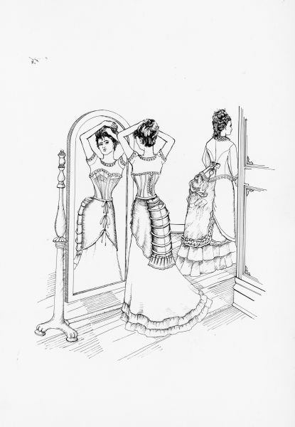 A line drawing of a partially-dressed woman wearing a bustle and corset standing before a full-length mirror. Another, fully-dressed woman is standing on the right.