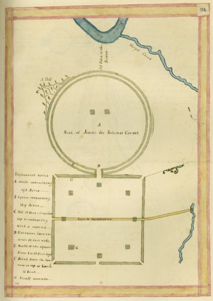 Ink and Watercolor Map of Prehistoric Mounds Ink and watercolor of prehistoric mounds near the mouth of Haigs Creek and the Scioto River.