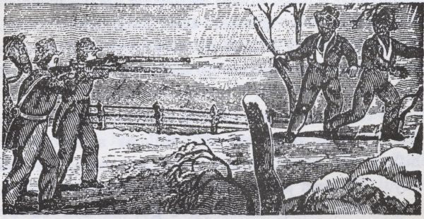 Drawing of two slave catchers pointing guns at two runaway slaves.